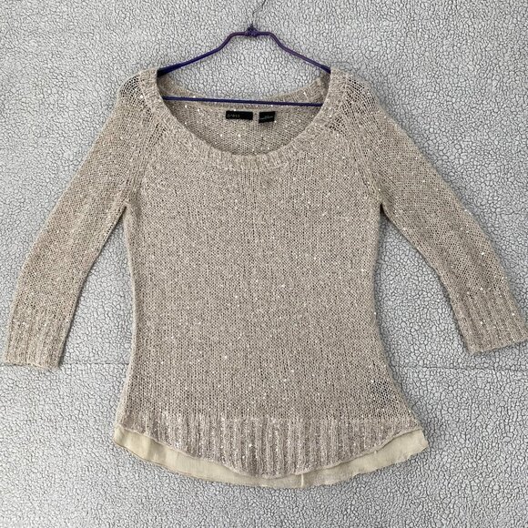 Press Sweater Womens Size Small Crew Neck Sequins Inner lining Knit Long Sleeve - Picture 1 of 8